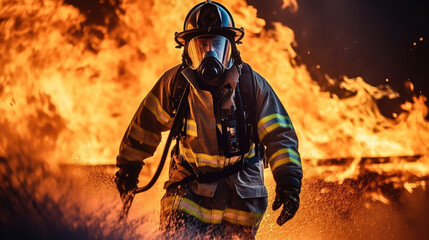 Fireman wearing suit for safety using water and extinguisher to fighting with fire flame.