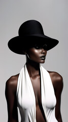 African fashion shot with woman wearing white dress with large clevage and balcj dress