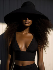 African model with large black hat and dress standing in the sunlight,