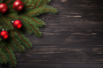 Wood Background with Christmas Tree Pine Branches and Red Ornaments, Generative AI