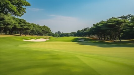Golf green with fresh green grass field and bunkers in afternoon sunlight.