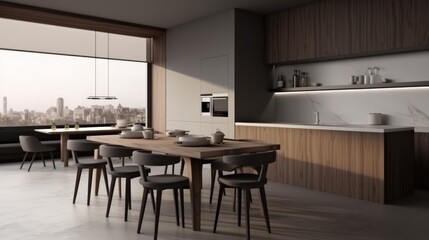 Fototapeta premium Dining area with long table in modern kitchen.