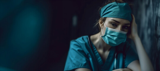 Tired and depressed nurse with face mask having a burnout - obrazy, fototapety, plakaty