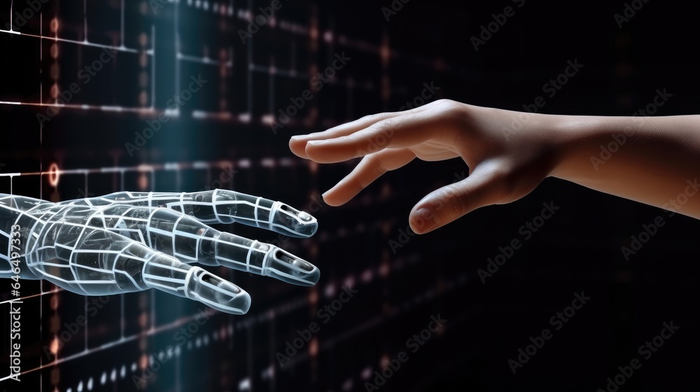Poster Artificial Intelligence technology digital twin driven smart concept, Hands of Robot and Human Touching together through computer monitor screen in dark background.