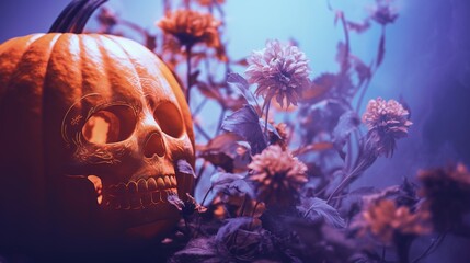 Generative AI, Halloween duotone background with flowers and pumpkin