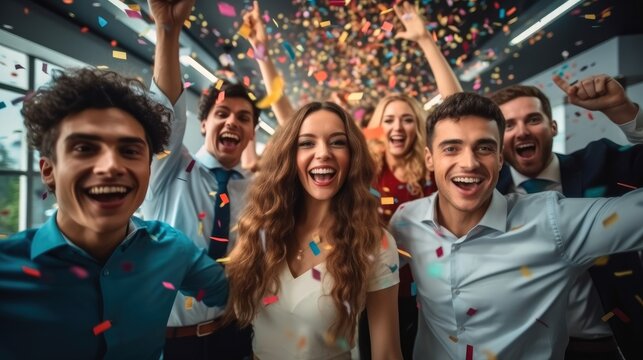 Happy diverse employees team celebrating success business achievement among confetti in modern office, Business success concept.