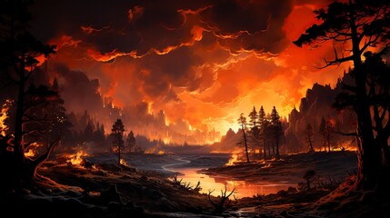 Obraz premium An aerial perspective captures the breathtaking enormity of a forest fire, embodying the fire element's uncontainable force.