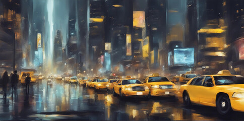 Fototapeta na wymiar Oil painting, night taxis. Generative AI.