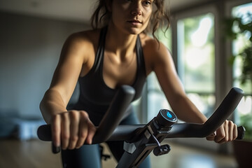 Fototapeta na wymiar Empowered Woman Pursuing a Healthy Lifestyle Cardiovascular Workout on Stationary Exercise Bike at Home or Gym. created with Generative AI
