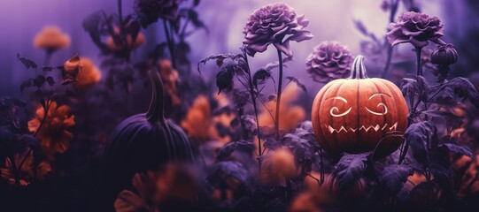 Obraz na płótnie Canvas Generative AI, Halloween duotone background with flowers and pumpkin