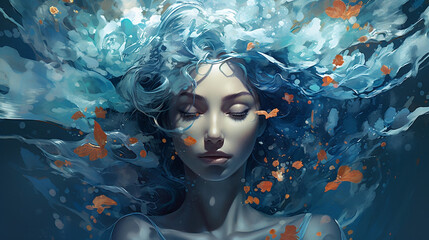 Water element - serenity. A woman with closed eyes in a peaceful state of mind letting go in a water flow. Generative AI. - obrazy, fototapety, plakaty
