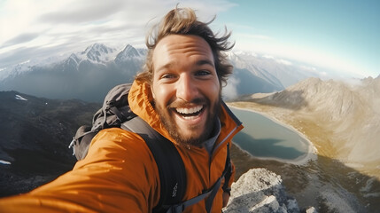 Naklejka premium Young hiker man taking selfie portrait on the top of mountain Happy guy smiling at camera Tourism, sport life style and social media influencer concept