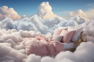 Comfortable bed on clouds. Paradise or heaven. - obrazy, fototapety, plakaty