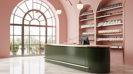 Luxury hairdressing and beauty salon, Interior modern pink barbershop with reception desk.