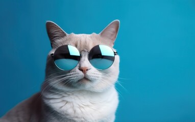 Fashion cat in sunglasses blue background. AI, Generative AI