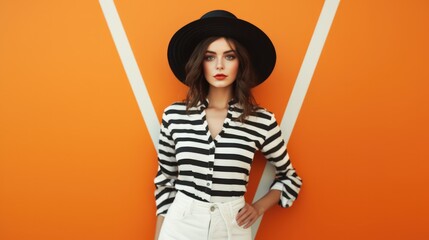 Fototapeta premium Portrait of beautiful woman wearing a white striped shirt posing on orange background.