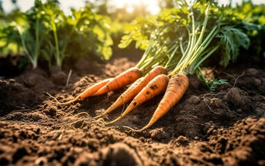 Freshly picked carrots on the soil in a field. AI, Generative AI