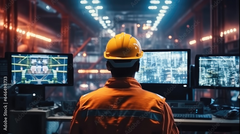 Fototapete engineer are working control machine on big screen monitor computer in industrial plant.