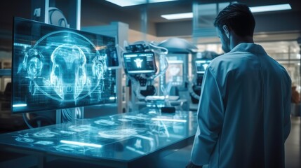 Surgeon operation on heart disease and illness on monitor, Doctor working in futuristic hospital with medical high tech healthcare.