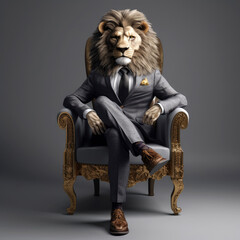 Lion in a business suit sitting on a armchair  - 646498779