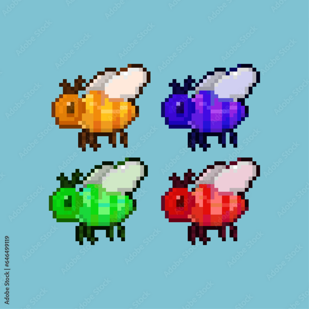Poster pixel art sets of bee with variation color items asset. simple animal bee on pixelated style.8bits p