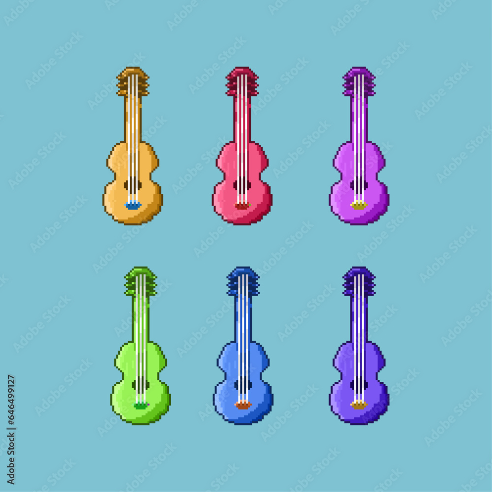 Poster pixel art sets of guitar with variation color items asset. simple guitar items on pixelated style.8b