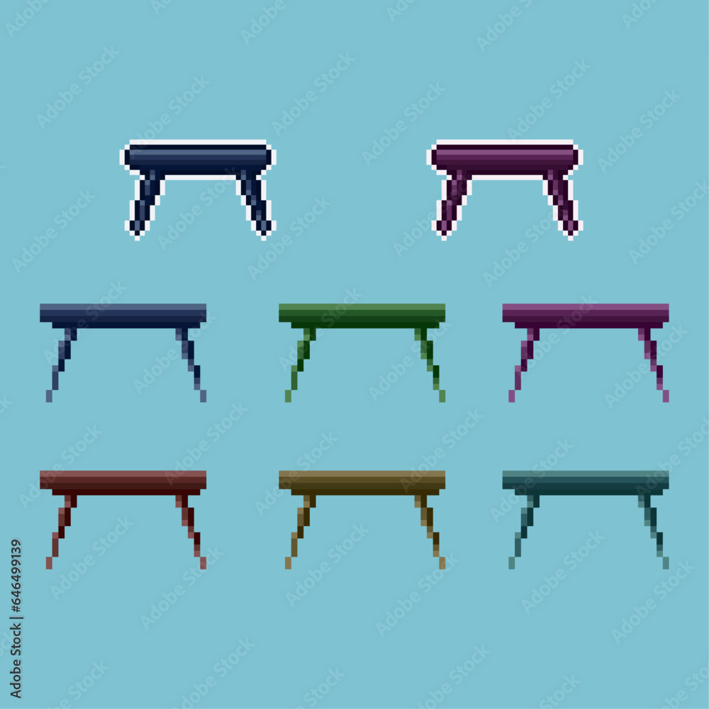 Poster pixel art sets of table with variation color items asset. simple table with many variation items on 