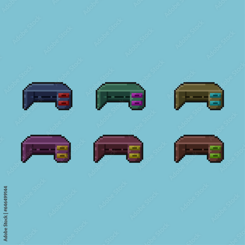 Poster pixel art sets of table with variation color items asset. simple table with many variation items on 