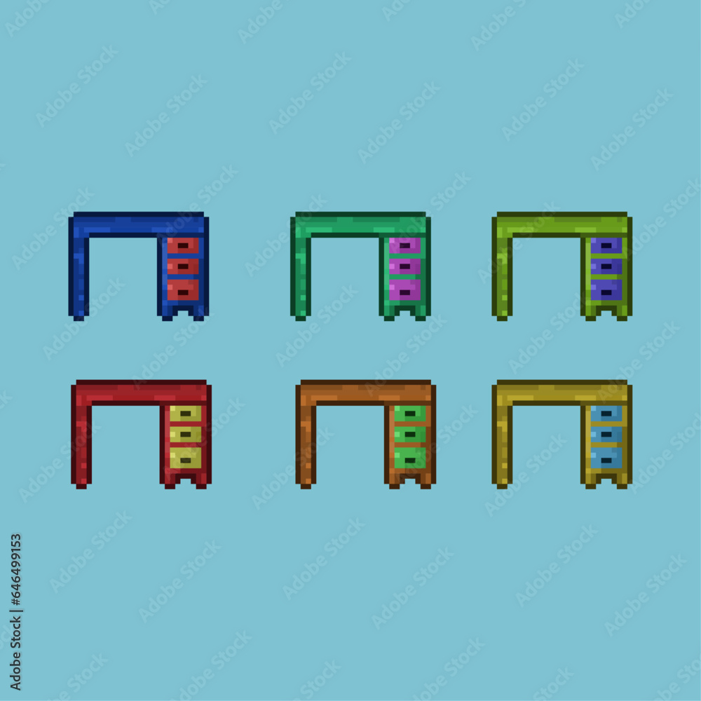 Poster pixel art sets of table with variation color items asset. simple table with many variation items on 