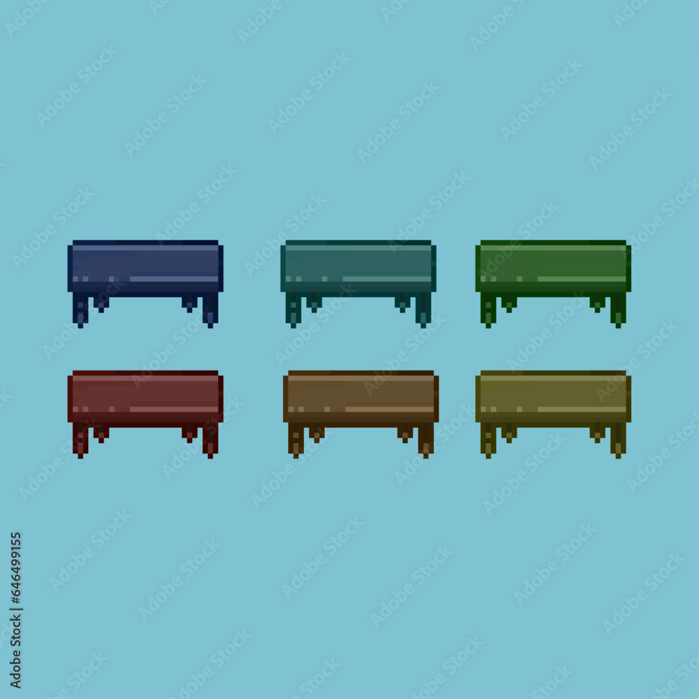 Poster pixel art sets of table with variation color items asset. simple table with many variation items on 