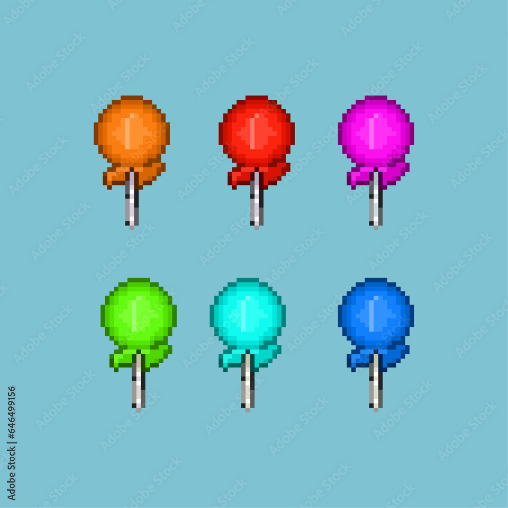 Poster pixel art sets of candy with variation color items asset. simple candy food sweet items loot on pixe