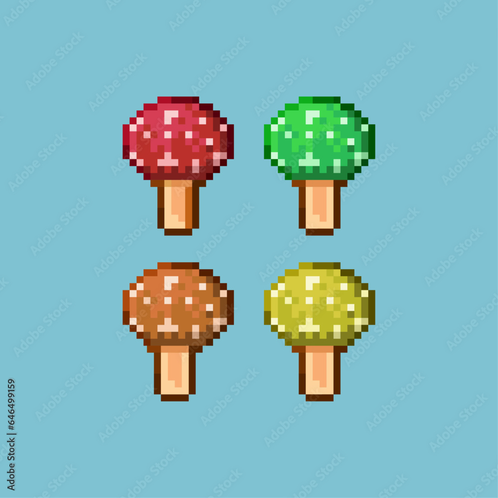 Poster pixel art sets of mushroom with variation color items asset. simple mushroom for dugeon items loot o