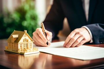 person signing a contract on a table with a house model,