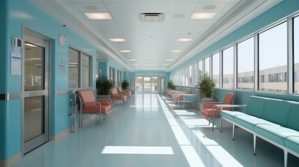 Hospital waiting room and corridor.