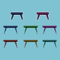 Pixel art sets of table with variation color items asset. simple table with many variation items on pixelated style.8bits perfect for game asset or design asset element for your game design asset.