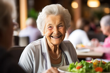 Vibrant Senior Living A Joyful Retirement Home Resident Savoring a Wholesome Lunch, Embodying Well-Being and Contentment. created with Generative AI