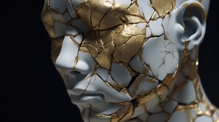 Kintsuki, Japanese ceramic head glued with gold. Concept of not constancy, imperfection of world. AI generated.