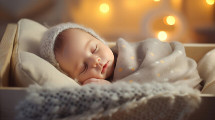 A newborn baby sleeping soundly in a crib adorned with soft blankets