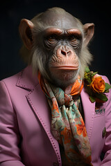 A portrait of an elderly chimpanzee in a pink suit