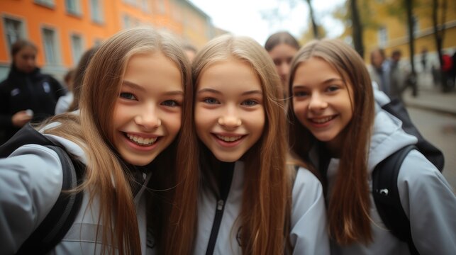 Teenage girls rejoice at the beginning of school classes and take pictures near the school.