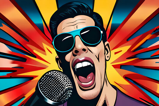 Male singer loudly singing with microphone