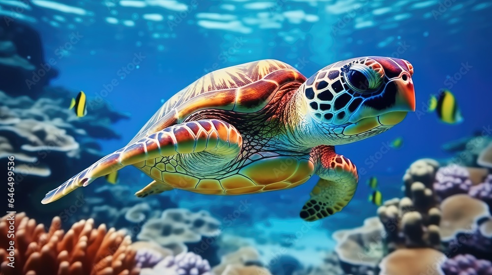Wall mural Turtle and sea animals with colorful coral underwater in ocean. - Wall murals