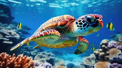 Fototapeta na wymiar Turtle and sea animals with colorful coral underwater in ocean.