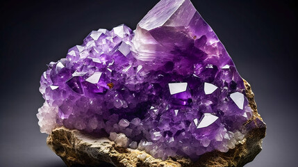 Amethyst is a rare precious natural geological stone on a gradient background in a low key, isolate. AI generated.
