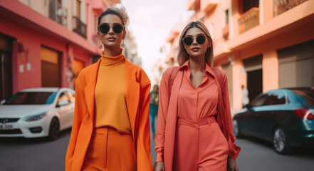 Two women with colorful outfit are walking in the city street.