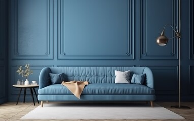 Home interior mock-up with blue sofa wooden table. AI, Generative AI