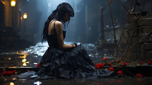A heartbroken woman in a black dress kneeling in a dirty ally with roses at her feet.
