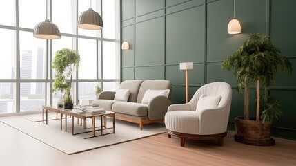 White and green living room with armchairs in open space office interior.