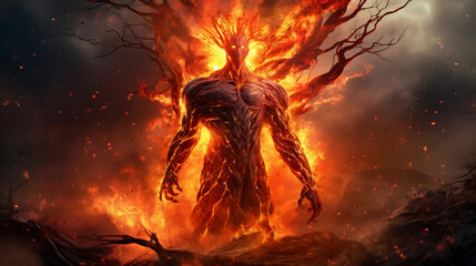 Giant fire elemental burning everything in front of him. Diablo and Inferno scenery. Generative AI. 