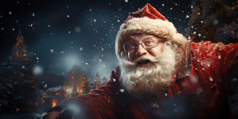 Christmas banner with Santa Claus rushes over the night city in a snowfall